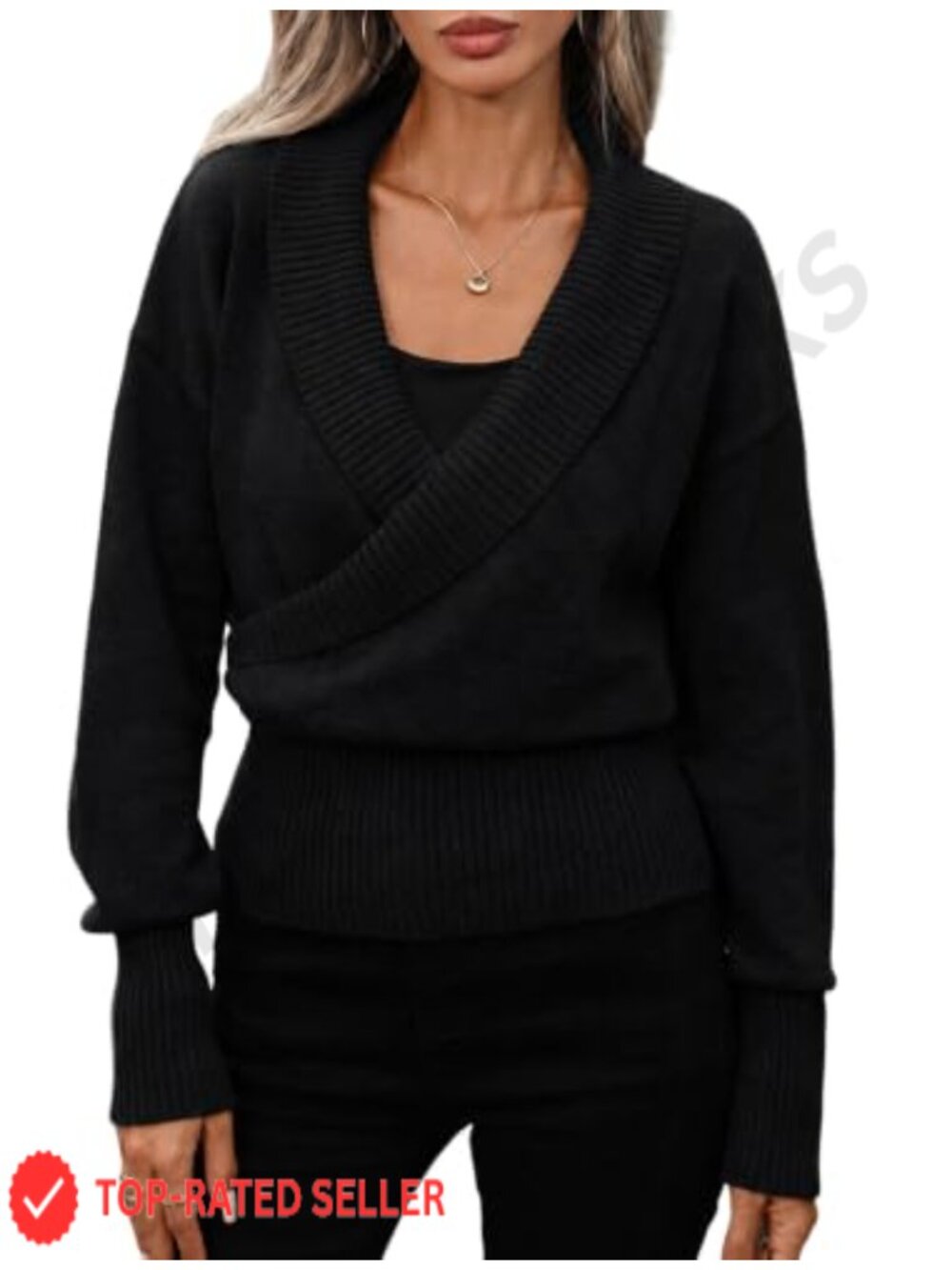 Womens Cropped Sweater V Neck Cross Front Soft Knit Pullover Long Sleeve